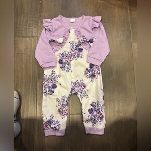SHEIN Lavender & White Floral Romper with Ruffle Cardigan